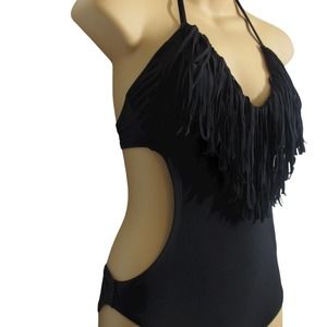 Xhilaration Swimsuit Monokini Black Fringed Size S NWT